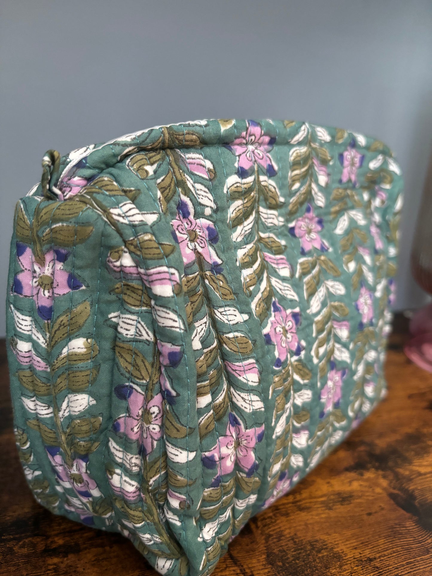 Dark Green Block Printed Makeup Pouch