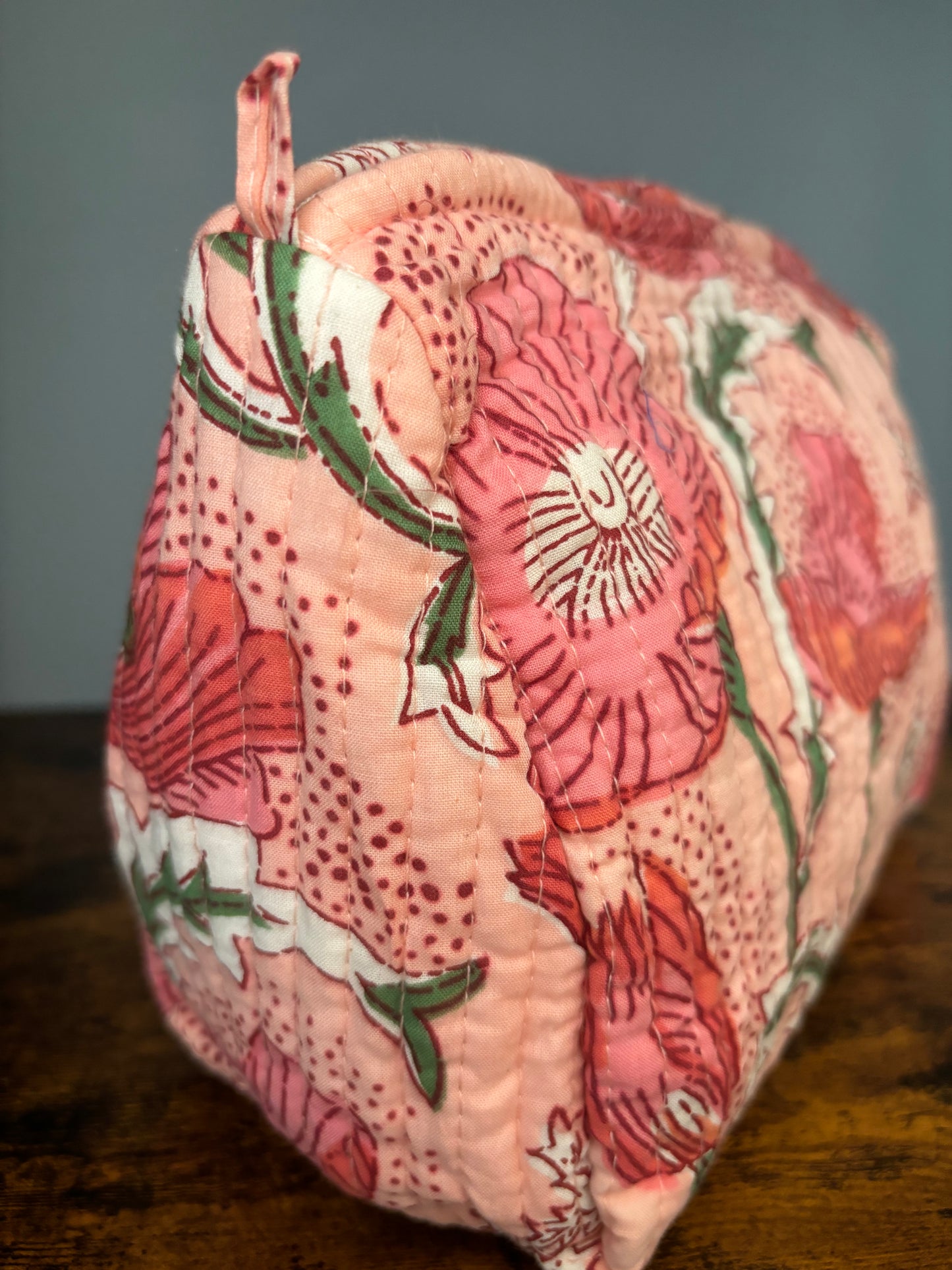 Peach Block Printed Makeup Pouch