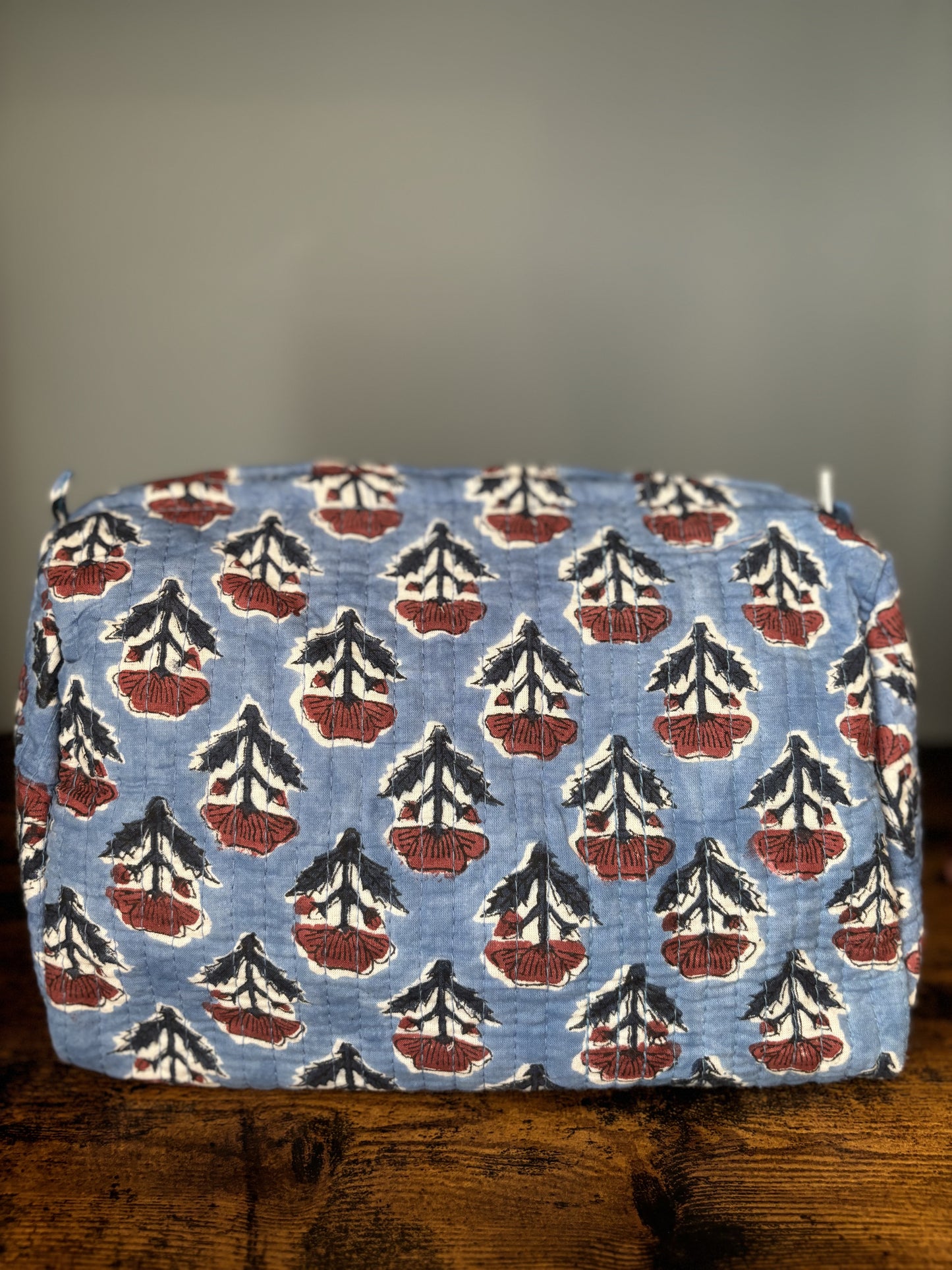 Blue Red Block Printed Makeup Pouch