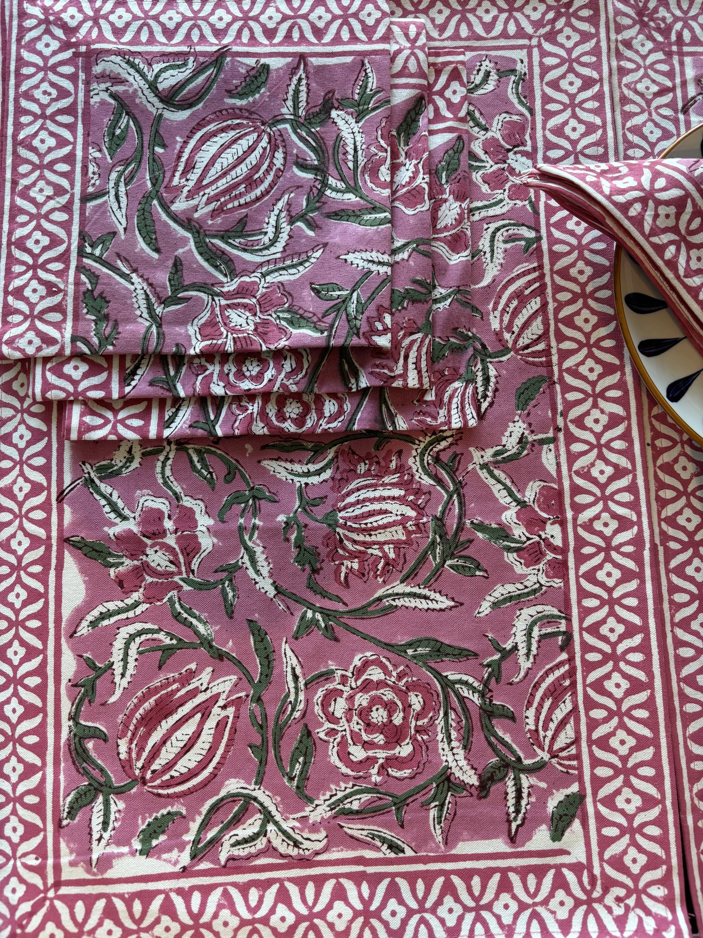 Pastel Pink & Green Block Printed Placemat & Napkin Set