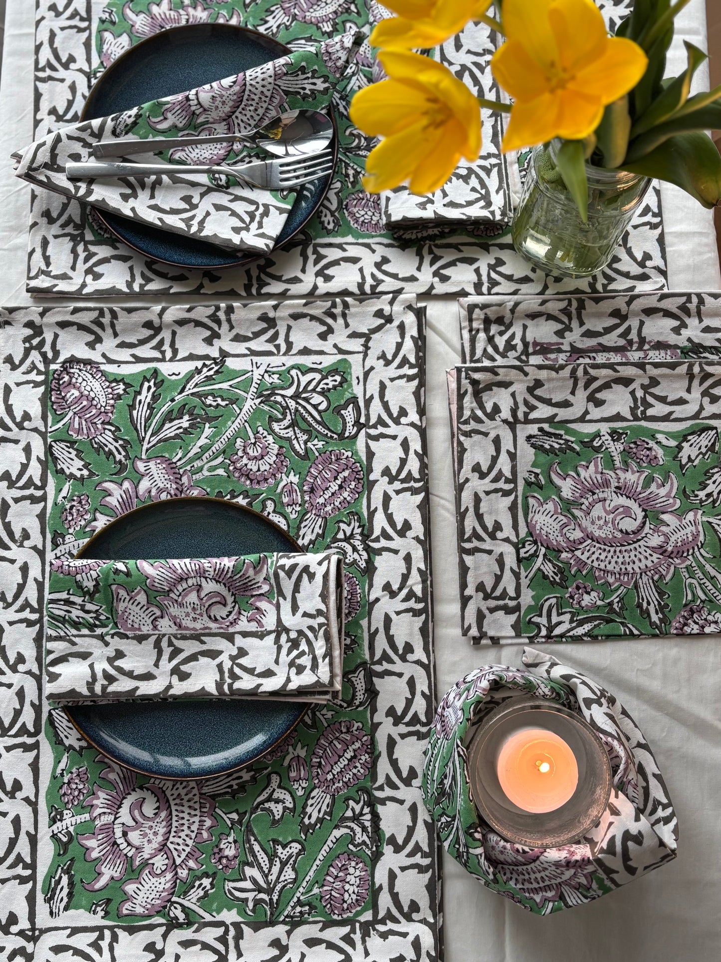 Green Garden Block Printed Placemat & Napkin Set