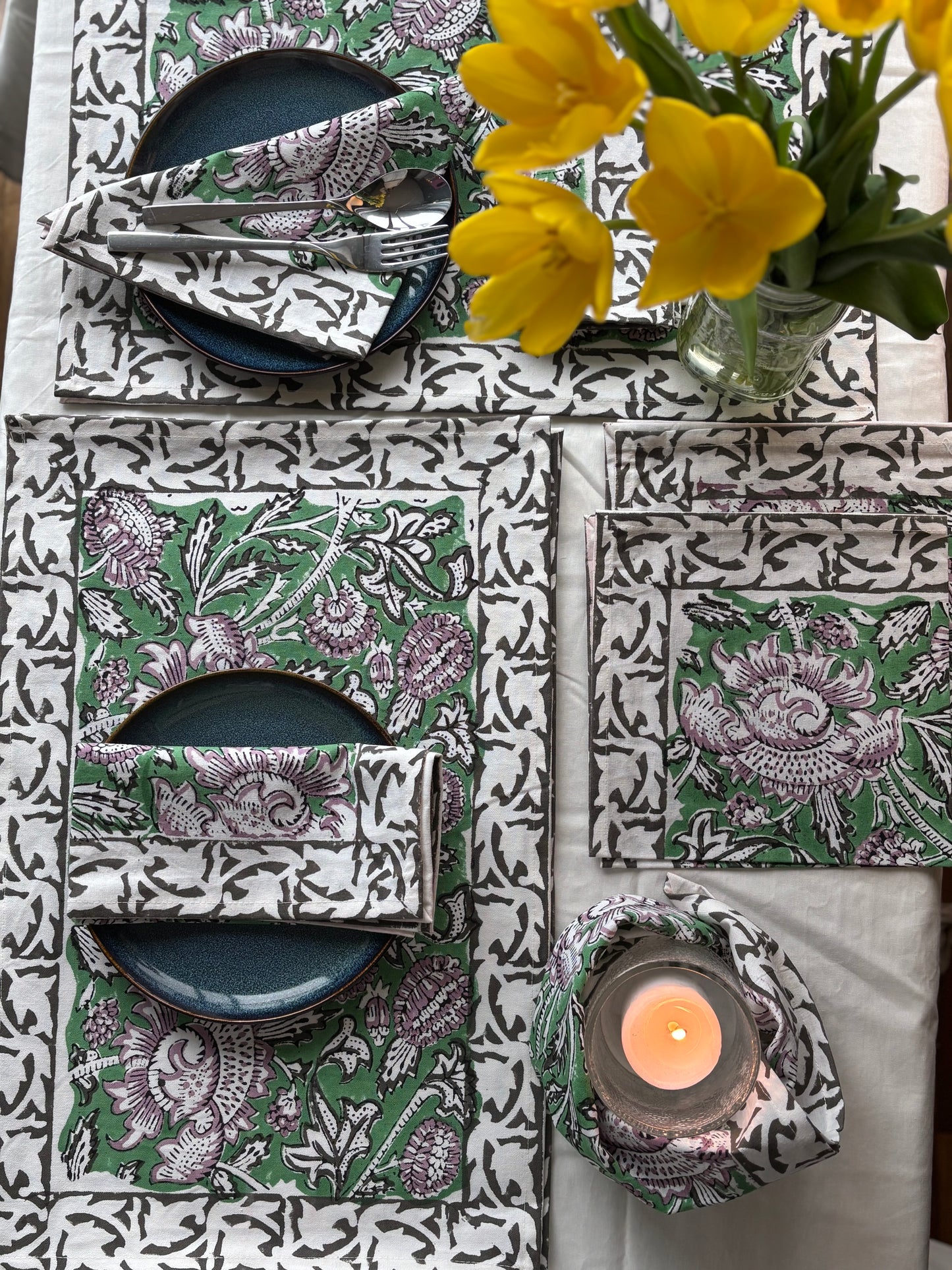 Green Garden Block Printed Placemat & Napkin Set