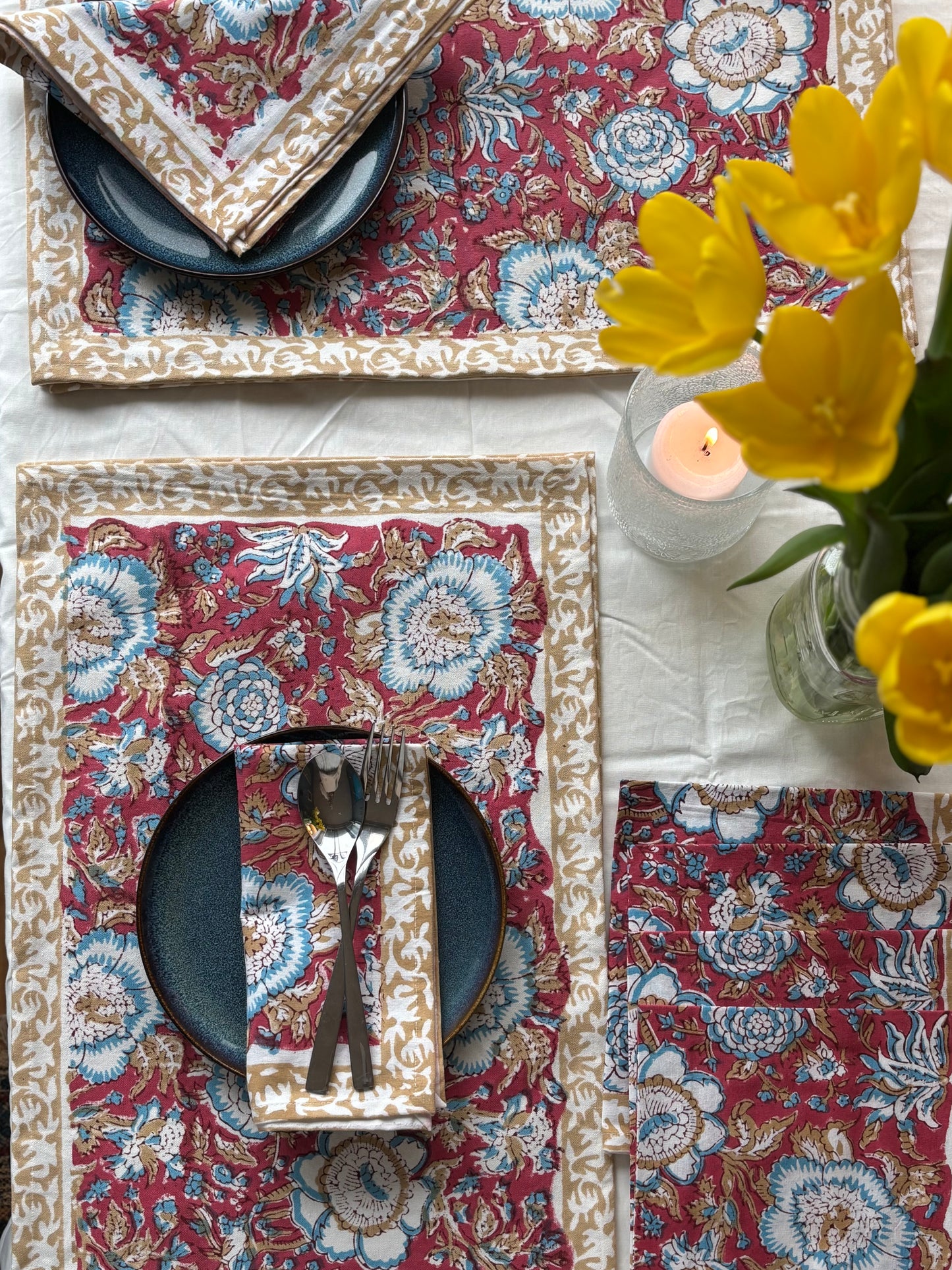 Vibrant Red Block Printed Placemat & Napkin Set