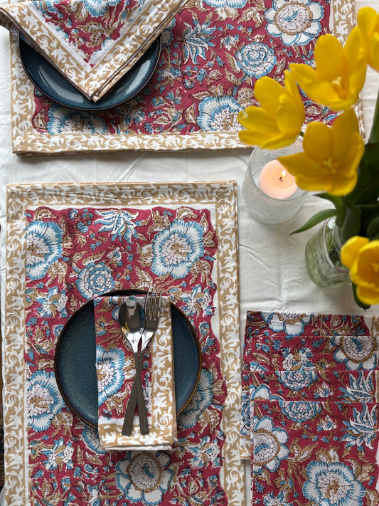 Vibrant Red Block Printed Placemat & Napkin Set