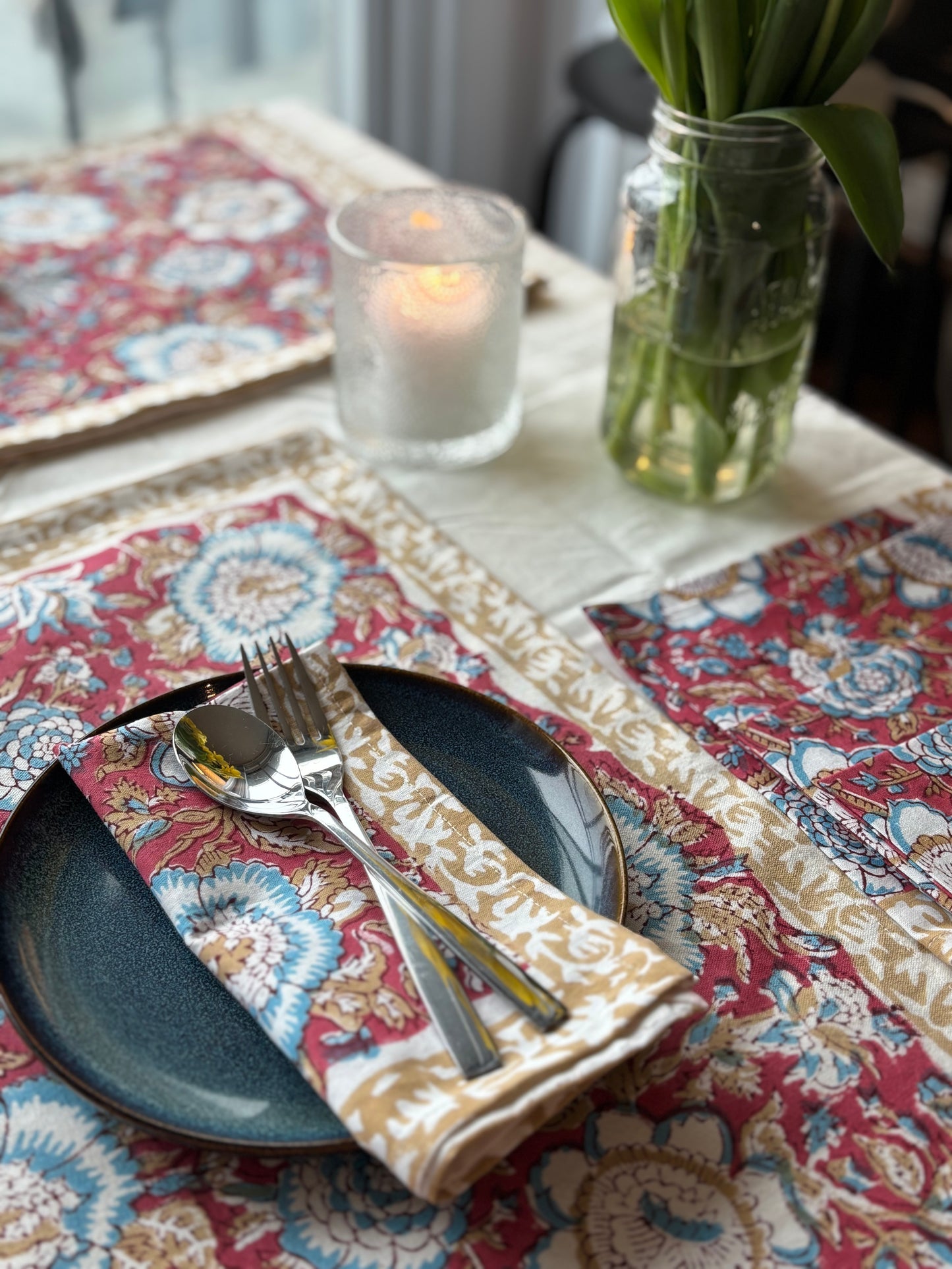 Vibrant Red Block Printed Placemat & Napkin Set