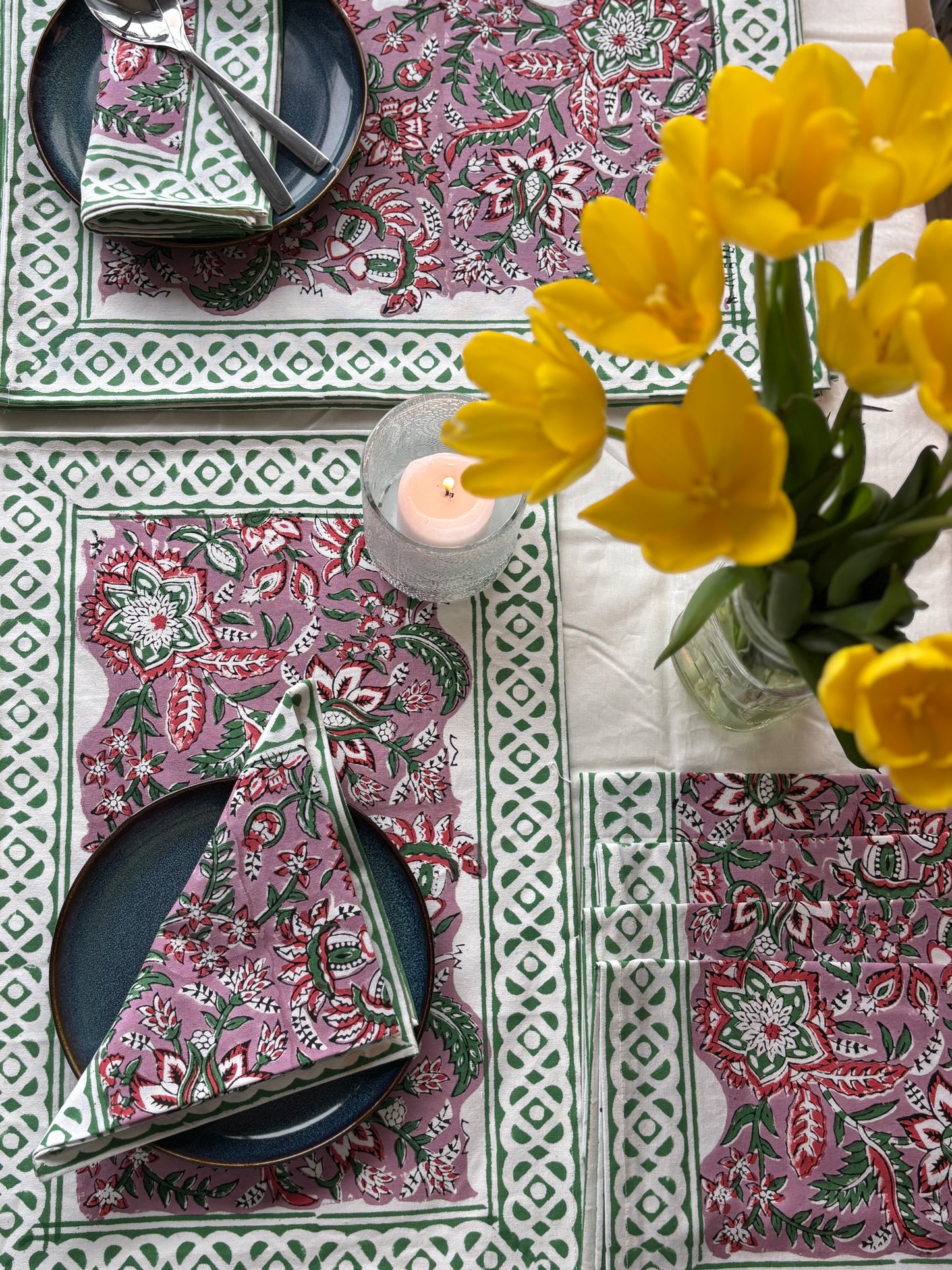 Pink with Green Border Block Printed Placemat & Napkin Set
