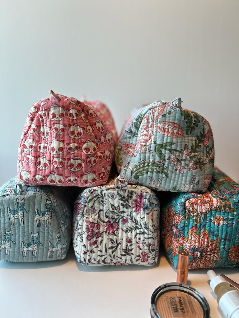 Quilted, handblock printed makeup/ toiletry pouch