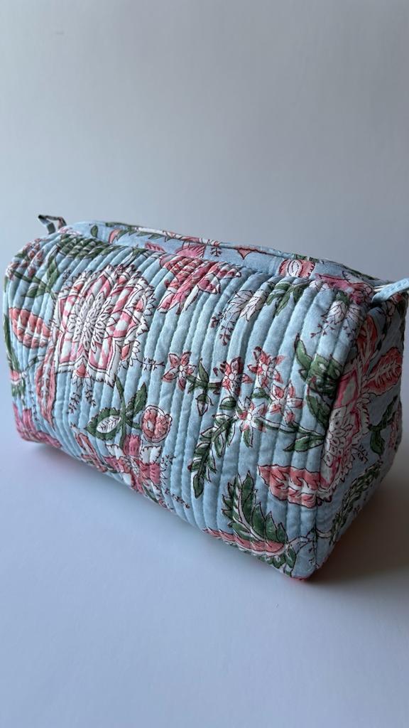 Quilted, handblock printed makeup/ toiletry pouch