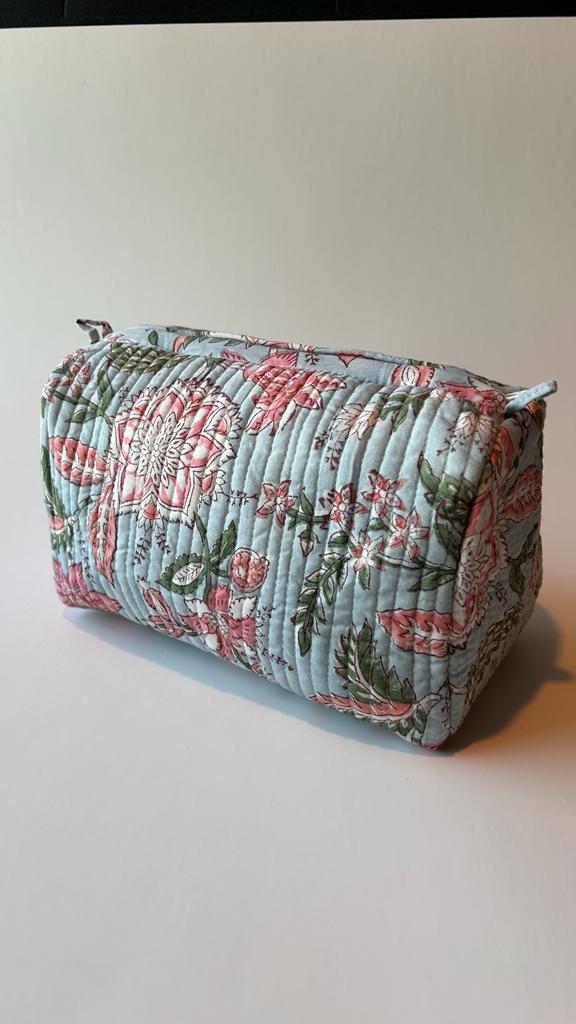 Quilted, handblock printed makeup/ toiletry pouch