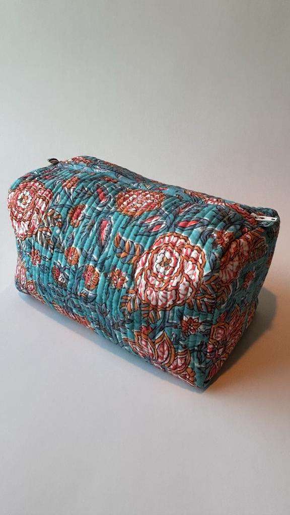 Quilted, handblock printed makeup/ toiletry pouch