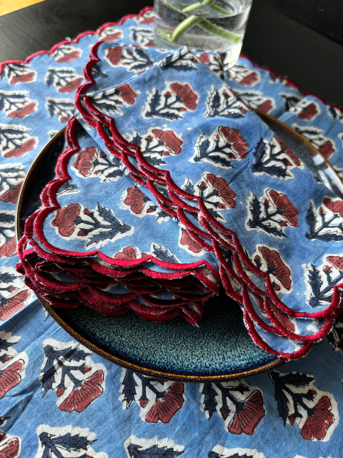 Blue and Red Scalloped Edge Table Napkin