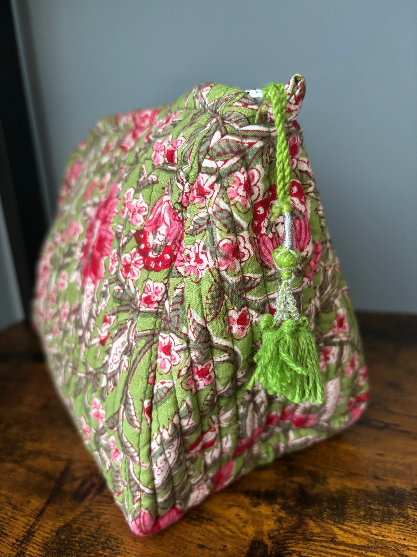 Bright Green Block Printed Makeup Pouch