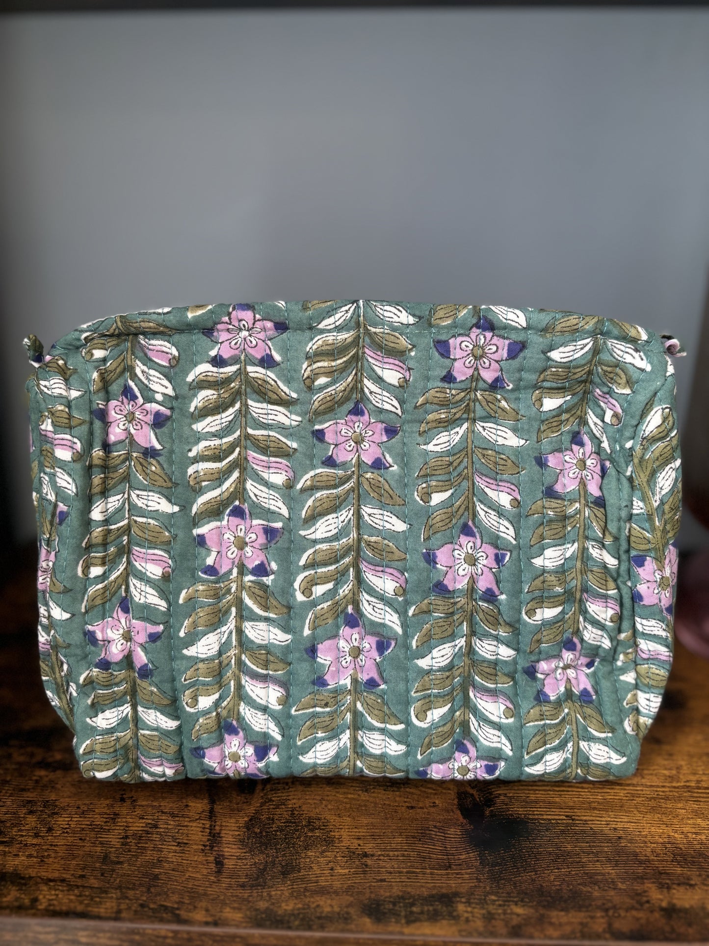 Dark Green Block Printed Makeup Pouch