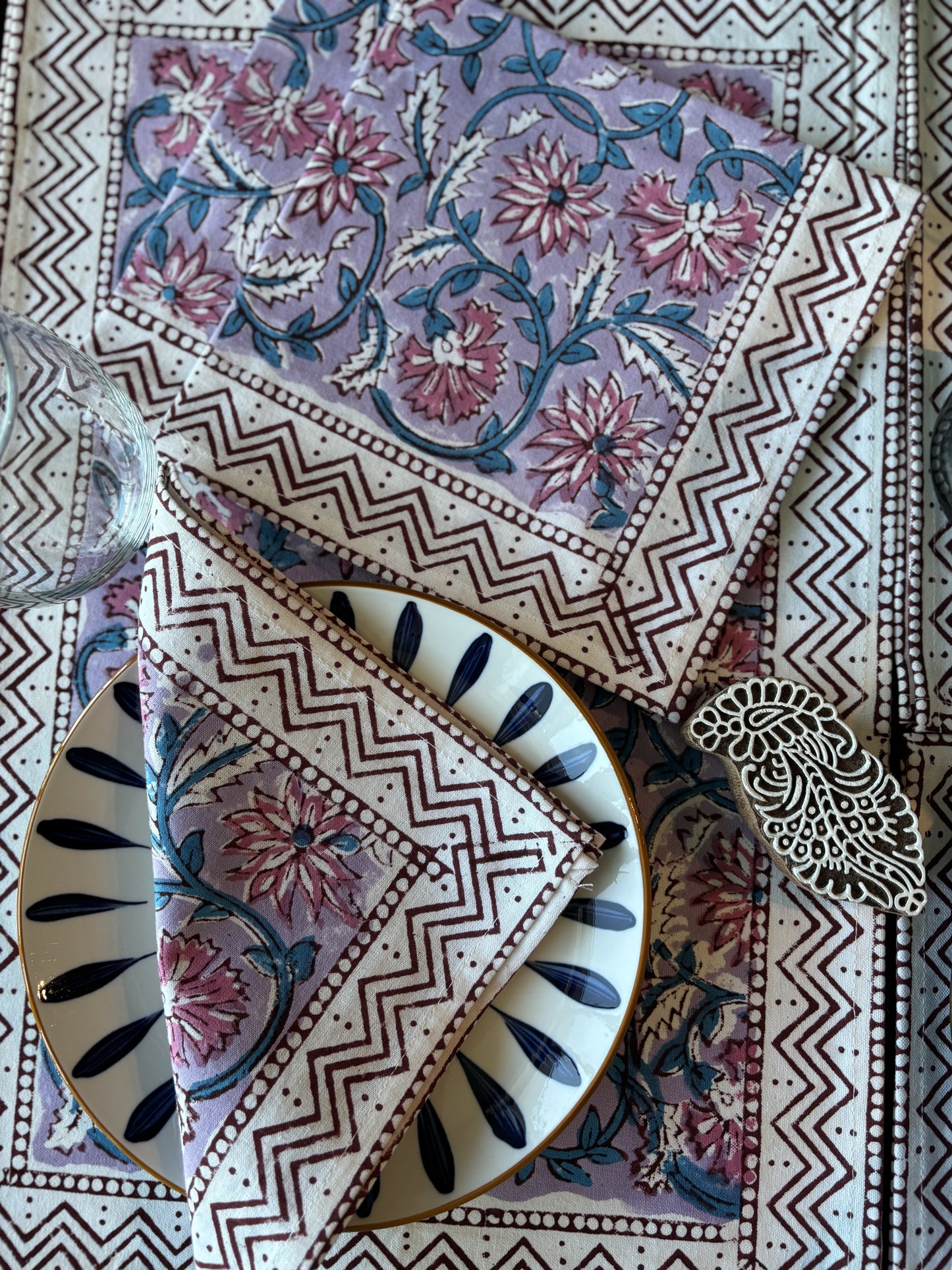 Lavender Blue Block Printed Placemats Napkins Set