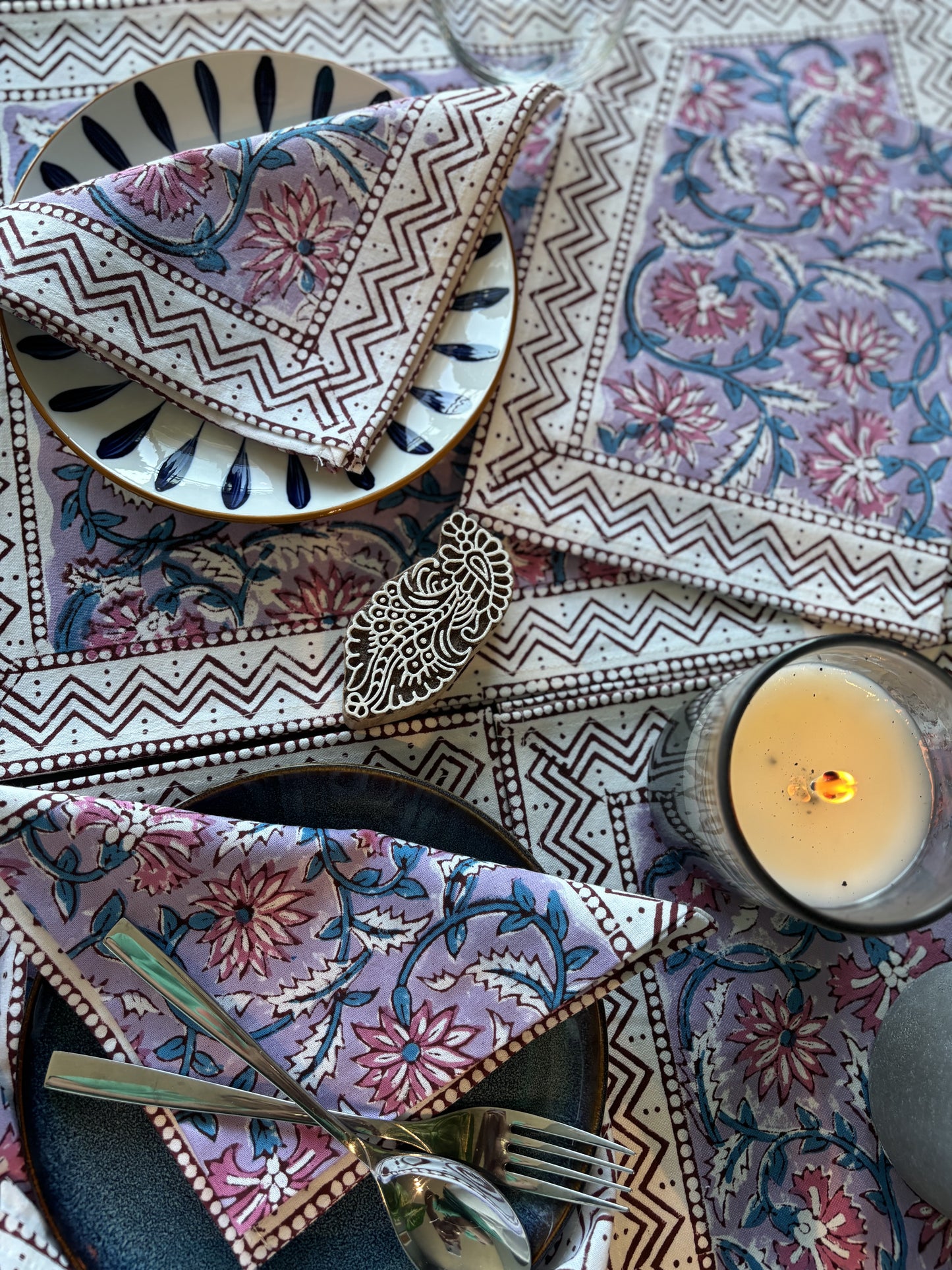 Lavender Blue Block Printed Placemats Napkins Set