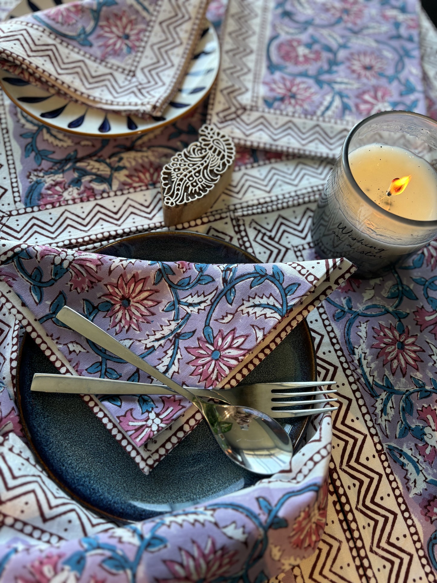 Lavender Blue Block Printed Placemats Napkins Set