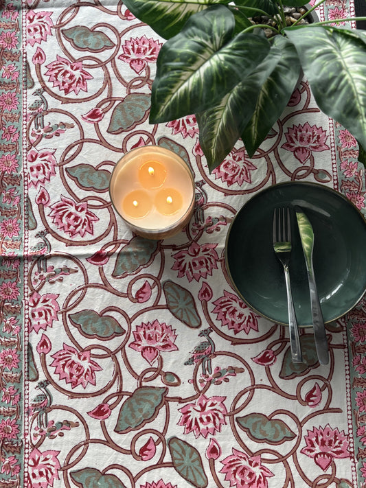 Hand Block Printed Cotton Table Runner Pink Lotus