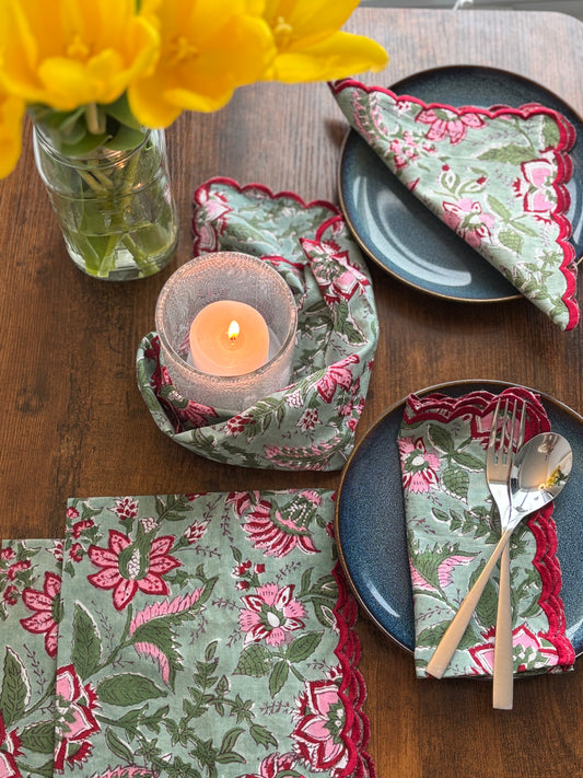 Scalloped-edged Napkins (Green & Pink Floral)