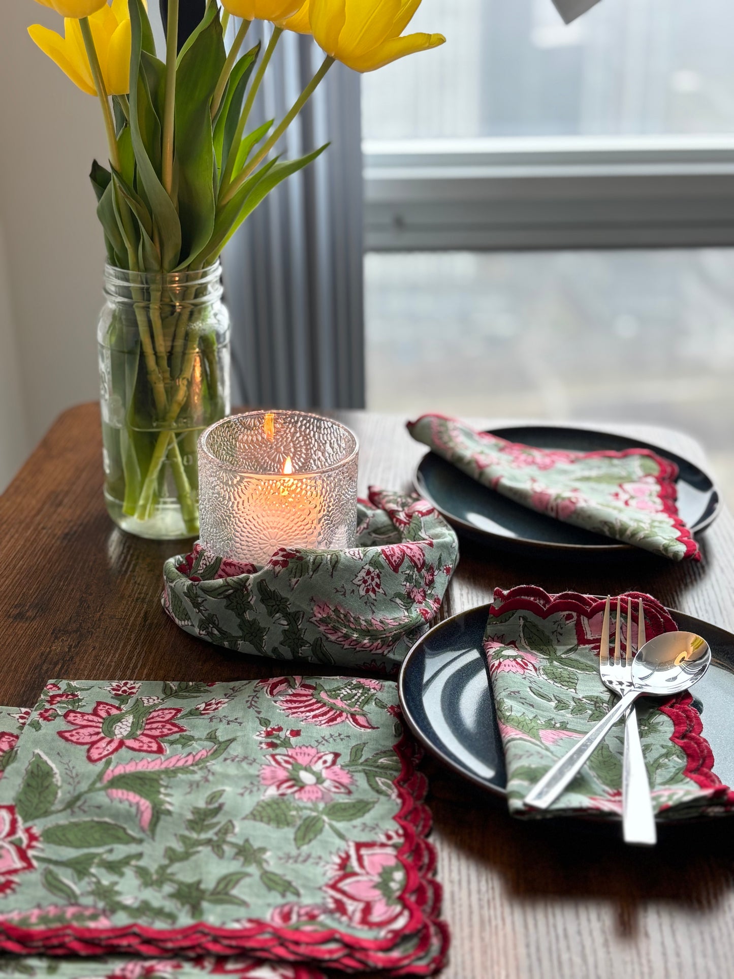 Scalloped-edged Napkins (Green & Pink Floral)