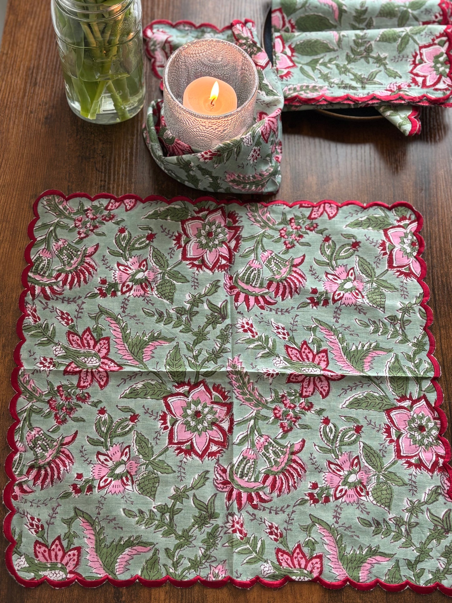 Scalloped-edged Napkins (Green & Pink Floral)