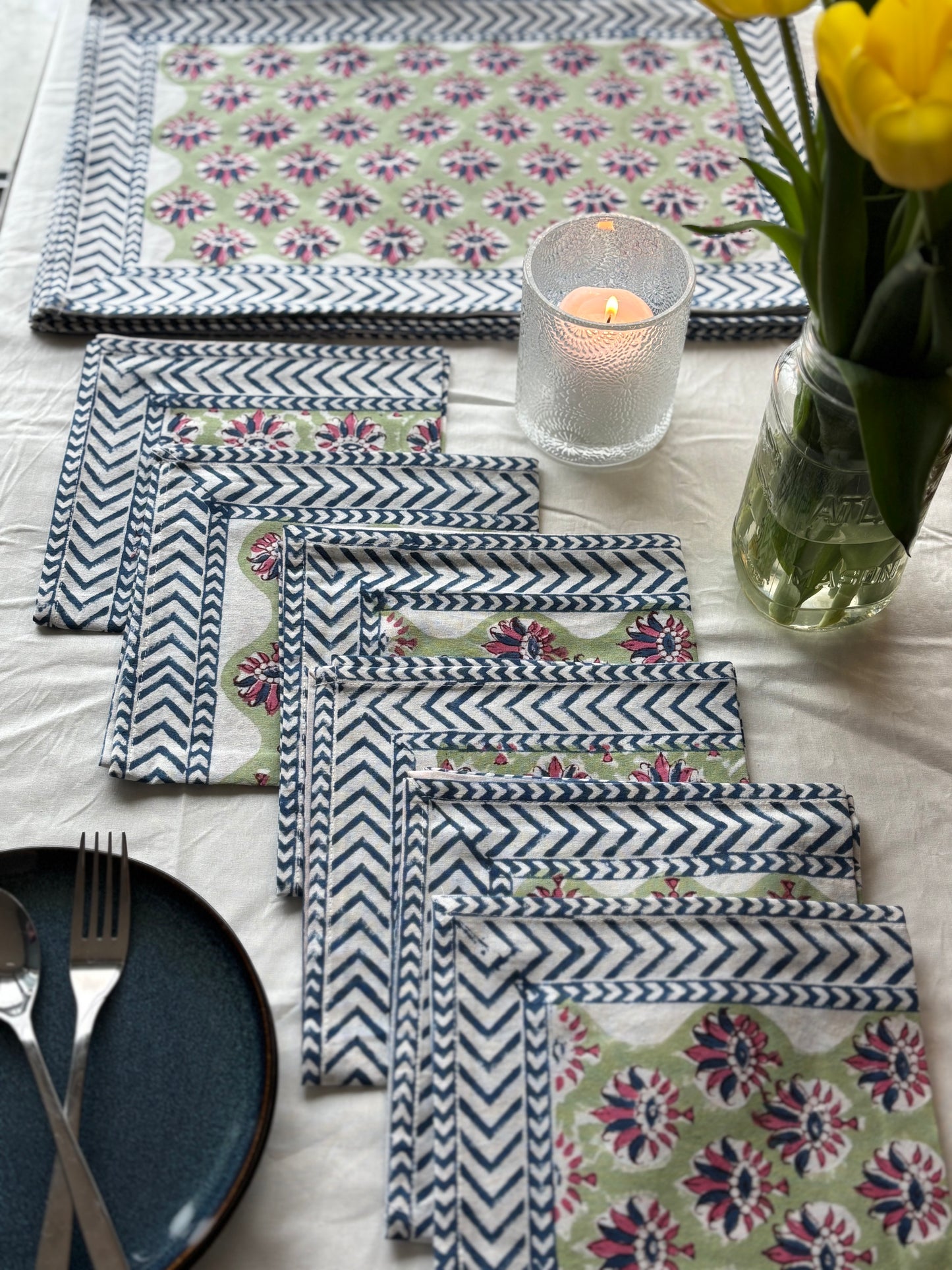 Green with Blue Border Block Printed Placemat & Napkin Set