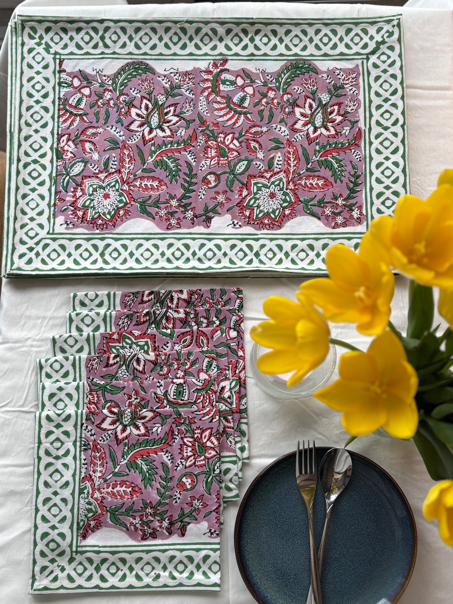 Pink with Green Border Block Printed Placemat & Napkin Set