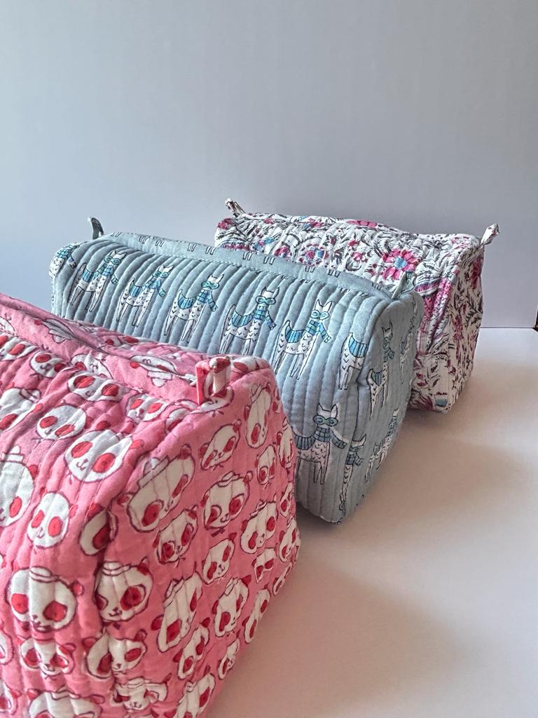 Quilted, handblock printed makeup/ toiletry pouch