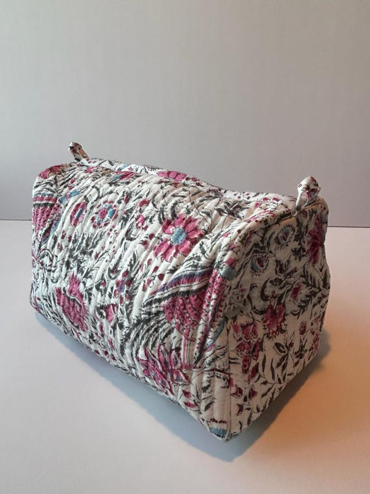 Quilted, handblock printed makeup/ toiletry pouch