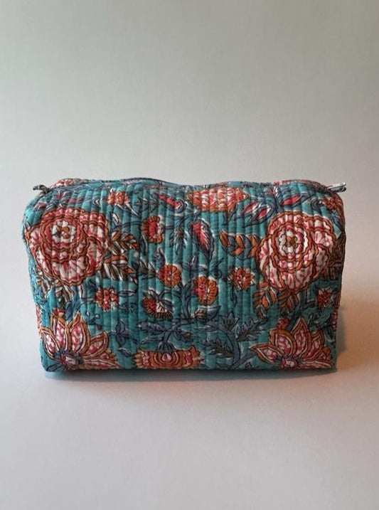 Quilted, handblock printed makeup/ toiletry pouch